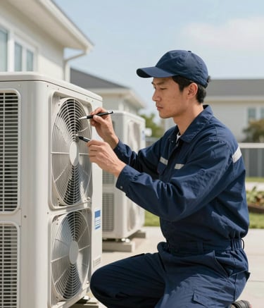 A professional HVAC technician in a navy blue uniform meticulously inspecting a complex outdoor air conditioning unit in a North American / US residential setting. The scene is illuminated by bright daylight, featuring light sky blue tones in the sky and soft white architectural details in the background. Professional, clean, and reliable atmosphere.