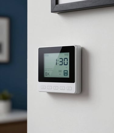 A detailed shot of a sleek, modern digital thermostat mounted on a soft white wall in a North American / US interior. The display shows a comfortable temperature, reflecting modern efficiency. The surrounding decor includes deep midnight blue accents, conveying a sense of trustworthiness and technological advancement.