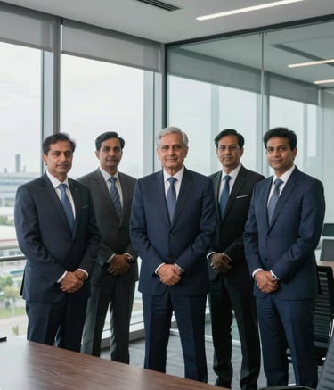 A professional portrait of high-level executives in a South Asian / International business context. They are standing in a modern, glass-walled boardroom with a view of a clean industrial landscape, exuding reliability and corporate leadership. The room is decorated in Navy Blue and Slate Grey.