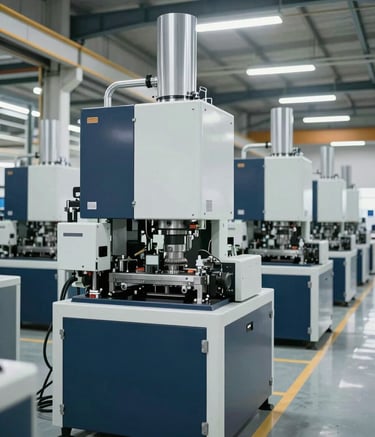 A wide-angle professional photograph of a modern industrial factory floor in a South Asian / International setting. Rows of high-tech DAHU machinery from Korea are operational in a clean, brightly lit workspace with Navy Blue and White color accents.