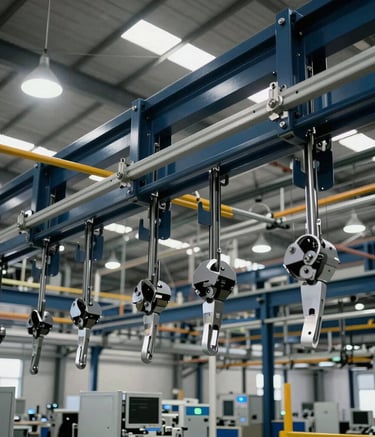 Shot of a clean, modern factory interior in South America showing high-tech overhead hanger rail systems, with bright industrial lighting and a palette of dark blue and metallic gray tones.