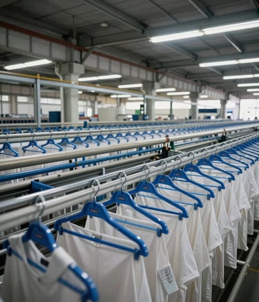 Wide angle photography of an expansive textile production line in Brazil, featuring automated mid blue hanger tracks transporting garments seamlessly under modern industrial architecture.
