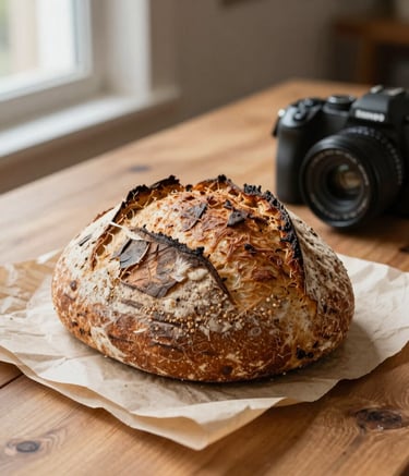 A close-up shot of a rustic sourdough loaf on a parchment-covered table with a modern digital camera nearby, set in a cozy North American artisanal bakery with warm wood textures and soft natural window light.