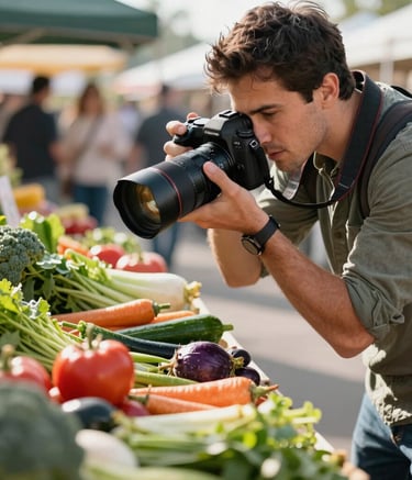 A professional content creator in North American casual-professional attire using a high-end digital camera to photograph a vibrant spread of organic vegetables at a sunny outdoor farmers market, morning light, realistic photography.
