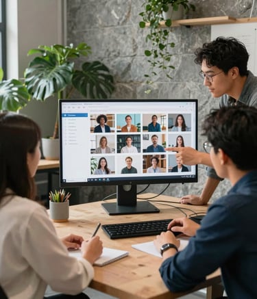 A digital marketing team collaborating in a bright North American creative studio with stone-grey walls and forest green plants, planning a social media grid on a large monitor, professional and inviting atmosphere.