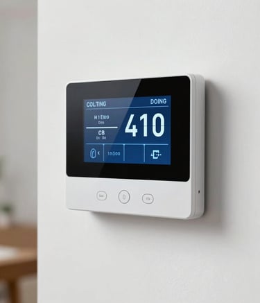 A modern digital thermostat with a sleek interface displaying cooling settings, mounted on a clean white wall in a North American home, emphasizing climate control and smart technology in a professional aesthetic.