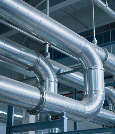 A detailed photograph of complex, high-grade industrial air ducting and silver ventilation shafts in a clean North American building, emphasizing technical precision and industrial modern design with cool blue lighting.