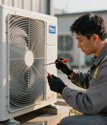A professional North American technician performing a technical inspection of a high-end outdoor HVAC unit, wearing safety gear and using precision tools, soft morning light, industrial professional style.
