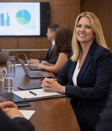 A professional business woman smiling during a corporate boardroom meeting with data charts.