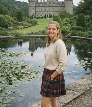 A smiling woman in a plaid skirt standing by a lily pond at a Scottish castle.