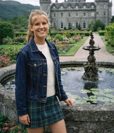 Smiling young woman in a denim jacket and plaid skirt at Inveraray Castle gardens in Scotland.