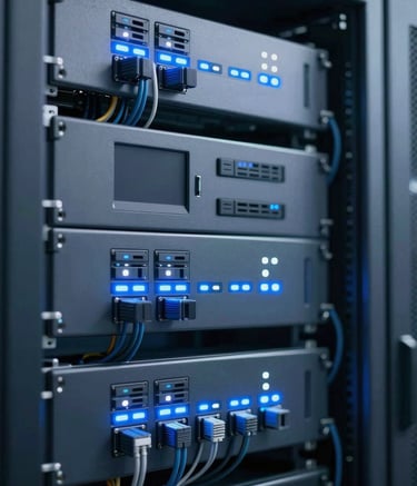 Close-up of professional audiovisual rack-mounted equipment in a clean, high-tech server room environment. The engineering is precise, with organized cabling and glowing LED status lights in blue and white. The aesthetic is modern and sophisticated, incorporating steel gray (#34495E) and midnight blue (#0D1A2F) tones.