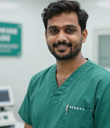 A close-up of a professional and trustworthy Indian veterinarian in a clean, modern clinic setting in Kolkata. The lighting is bright and inviting, with subtle brand accents like #5E8E7D in the medical scrubs and #A7C9A7 in the clinic decor.