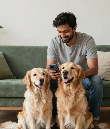 An urban Indian pet owner smiling while holding a smartphone, ready to message for help. A friendly Golden Retriever is sitting beside them. The setting is a clean, modern home in Kolkata with #F3F3E9 walls and #5E8E7D fabric textures.