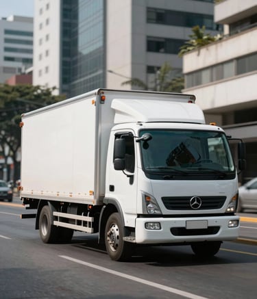 A medium-sized white cargo truck driving through a clean, modern urban boulevard in a South American city during the day. Professional corporate photography with a focus on movement and efficiency. Ice white and slate blue tones.