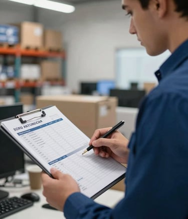 A close-up photograph of a professional logistics manager reviewing a delivery schedule in a modern warehouse office in a South American city. The lighting is bright and clean. Deep blue and slate blue corporate colors are present in the uniform and office details.