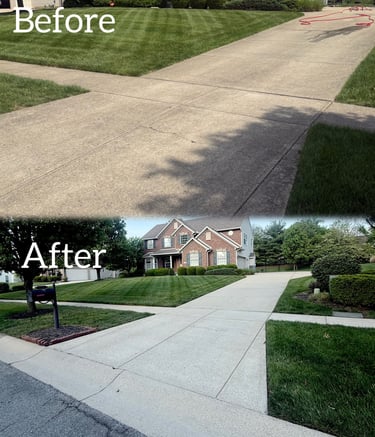 Before and after professional pressure washing services showing a clean concrete driveway and sidewalk.