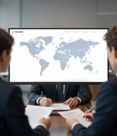 A close-up of professional lawyers in a high-end boardroom environment, discussing documents with global maps. The scene uses a sophisticated lighting scheme with highlights in #C0C8D1 and shadows in #0C1E3C to project unwavering trustworthiness and expertise.