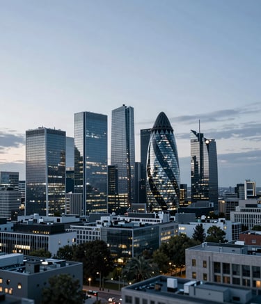 A wide, panoramic view of a modern glass office overlooking a major European financial district at twilight. The image emphasizes clarity and strategic insight, using a color palette of deep blues (#0C1E3C) and cool grays (#C0C8D1) to convey international professionalism.