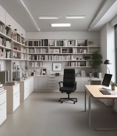 Office space with a cleaner vacuuming the carpet near desks.
