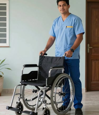 A professional technician in a clean uniform standing next to a perfectly cleaned, shining wheelchair in a bright South American / Brazilian residential setting. The atmosphere is empathetic and trustworthy, featuring soft light and a palette of light blue and dark blue.