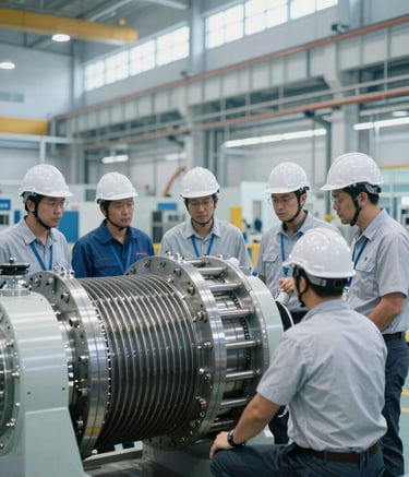 A group of professional engineers in a modern North American / US industrial facility, looking at a large turbine component. The lighting is bright and technical, with a color palette of misty white and muted steel blue. The atmosphere is focused and professional.