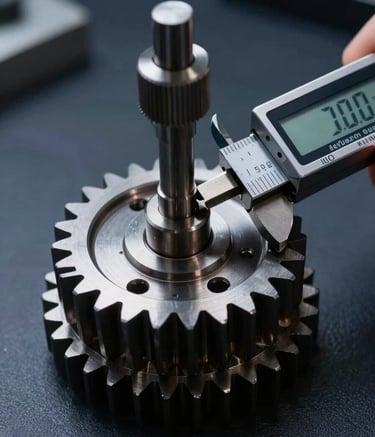 A sharp, close-up photograph of a precision-cut metal gear being inspected with a digital micrometer. The background is a clean North American / US workshop with deep charcoal navy and steel blue tones. High contrast lighting emphasizes the metallic texture.