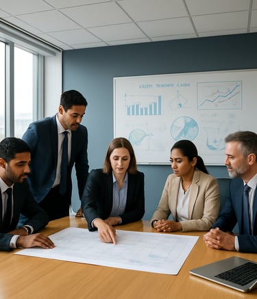 A wide-angle photography shot of a modern Australian office boardroom. Professionals in Australian / Indian business attire are collaborating over energy sector plans. Bright, natural lighting highlights a Soft White and Slate Blue interior.