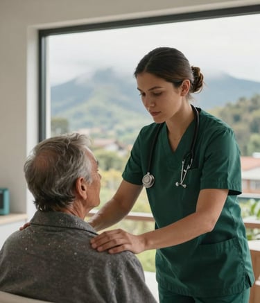 A professional nursing assistant in a dark green uniform provides gentle care to an elderly person in a bright, modern room. Through the window, the misty mountains of Choachí, Colombia are visible. Soft, natural morning lighting, warm atmosphere.