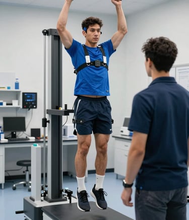 Photography of a professional laboratory setting in a North American sports science facility. An athlete is monitored with high-tech sensors while performing a vertical jump test. Sharp focus, clean composition, royal blue and dark navy accents.