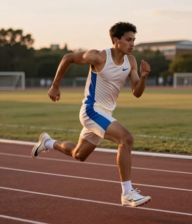 Photography of an athlete in modern off-white and royal blue training gear sprinting on a high-end North American university track at sunset. The lighting is cinematic and dynamic, highlighting the intensity and motion.