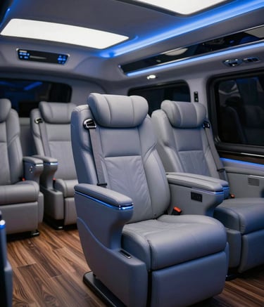 A wide-angle interior view of a luxury Force Traveller modification by DBROS. Plush leather captain seats in #EBF2F6, ambient blue LED lighting, and wood-finish flooring. The mood is professional and sophisticated, emphasizing craftsmanship and bespoke comfort.