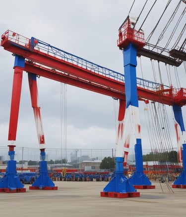 Overhead crane in operation with safety signage visible.