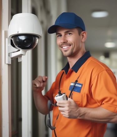 Technician setting up DVR and NVR security systems in a commercial office.