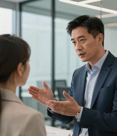 A close-up, high-end photograph of a professional mentor providing strategic advice to a young entrepreneur in a sleek, glass-walled North American office. The lighting is bright and natural, highlighting a sophisticated atmosphere with muted blue and off-white accents.