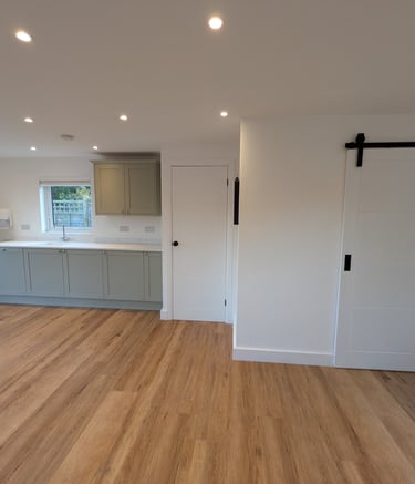 Garden room kitchen with sage green cabinets, wood flooring, and a white sliding barn door.