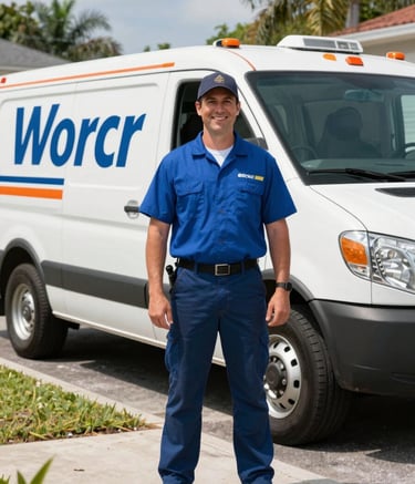Portrait of a friendly HVAC technician in professional attire standing in front of a branded service vehicle, sunny day in a North American / US - Miami, Florida neighborhood.