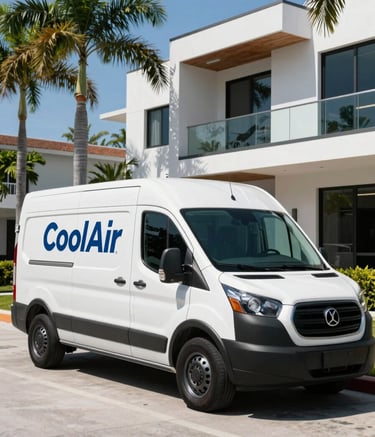 A clean, professional CoolAir Climate Services branded van parked in front of a contemporary Miami residence with palm trees in the background, bright sunny day, high-quality photography.