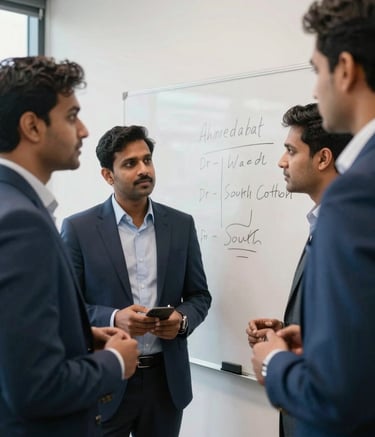A group of professional South Asian / Indian engineers in a collaborative discussion around a whiteboard in a modern Ahmedabad office. The scene is bright and professional, utilizing deep blue and off-white colors.