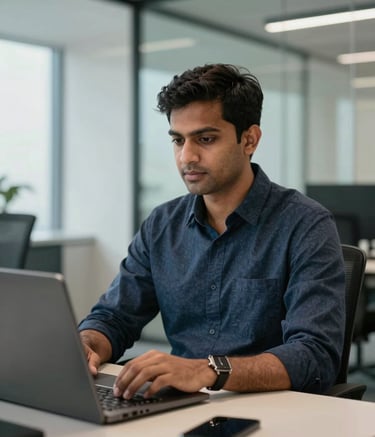A professional South Asian / Indian software engineer participating in a crisp video conference from a modern office in Ahmedabad. The lighting is sharp and efficient, showing a background with glass walls and off-white and grey-blue accents.