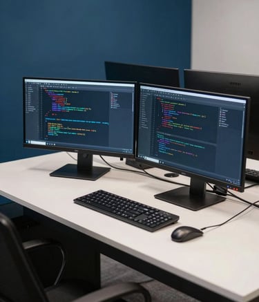 A high-tech developer workstation in Ahmedabad, featuring multiple monitors displaying clean code and a minimalist desk setup. The setting is a professional South Asian / Indian corporate hub with deep blue and off-white interior tones.