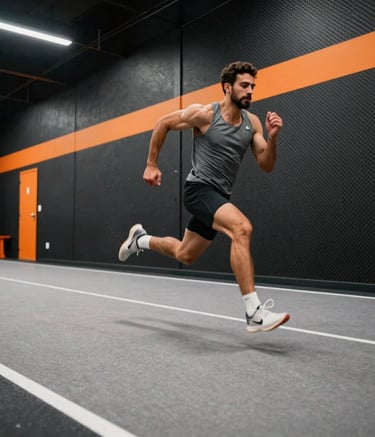 Powerful wide-angle action shot of an athlete sprinting in a modern training facility with Carbon Black walls and Energy Orange accents. Dynamic motion blur, sharp focus on the runner, Global / Spanish-speaking.