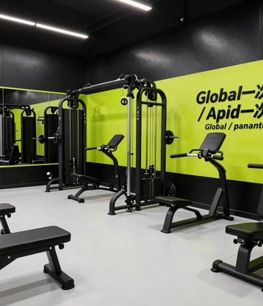 A sophisticated fitness studio featuring Carbon Black walls and Smoke White flooring. Professional training equipment neatly arranged, bright Energetic Lime accents on the wall, Global / Spanish-speaking.