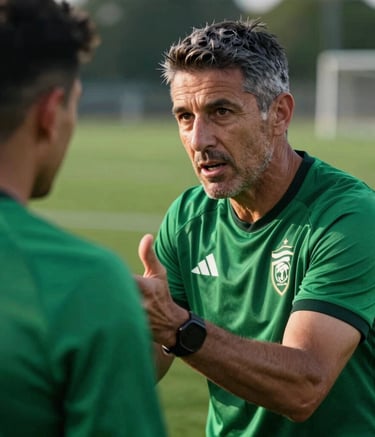 A close-up photograph of a professional coach in Performance Green athletic apparel giving tactical feedback to a player on a high-end soccer field. Cinematic side lighting, focused expression, high-performance athletic vibe, Global / Spanish-speaking.