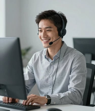 A friendly insurance consultant wearing a headset, smiling warmly at a computer, minimalist modern workspace with clean lines and #F3F4F6 grey tones, focused lighting, professional and trustworthy atmosphere.