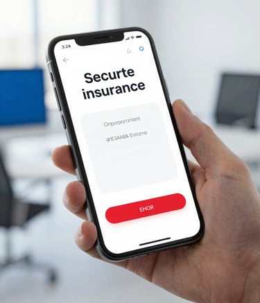 A close-up of a modern smartphone screen displaying a secure insurance app interface with a large red emergency button, held by a professional in a bright, clean office with subtle #1E3A8A blue accents in the background, soft natural lighting, minimalist style.