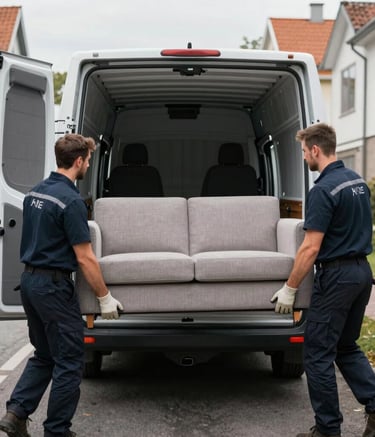 Two professional movers wearing dark navy uniforms and safety gloves carefully carrying a large modern sofa towards an open transport van in a Northern European neighborhood.