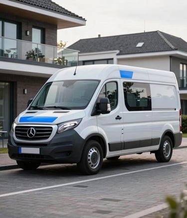 A professional moving van with blue accents parked on a sleek, modern paved Dutch street with residential architecture in the background.