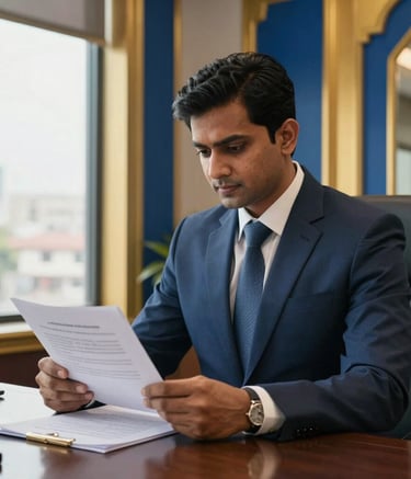 A professional South Asian male in a sharp business suit, reflecting the expertise of owner Sultan, reviewing legal papers in a luxurious Mumbai office with gold and royal blue decor elements and a view of Bandra West through the window.