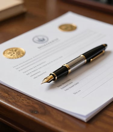 A high-end, close-up photograph of a formal legal setting in India featuring a polished wooden desk, a luxury fountain pen, and official-looking documents with gold seals in a soft, premium light.